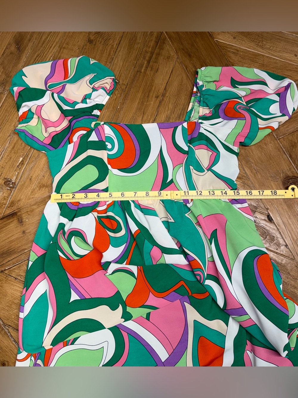 TCEC Retro Groovy Swirl Print Maxi Dress Size M Puff Sleeve Smocked Back - Picture 8 of 10